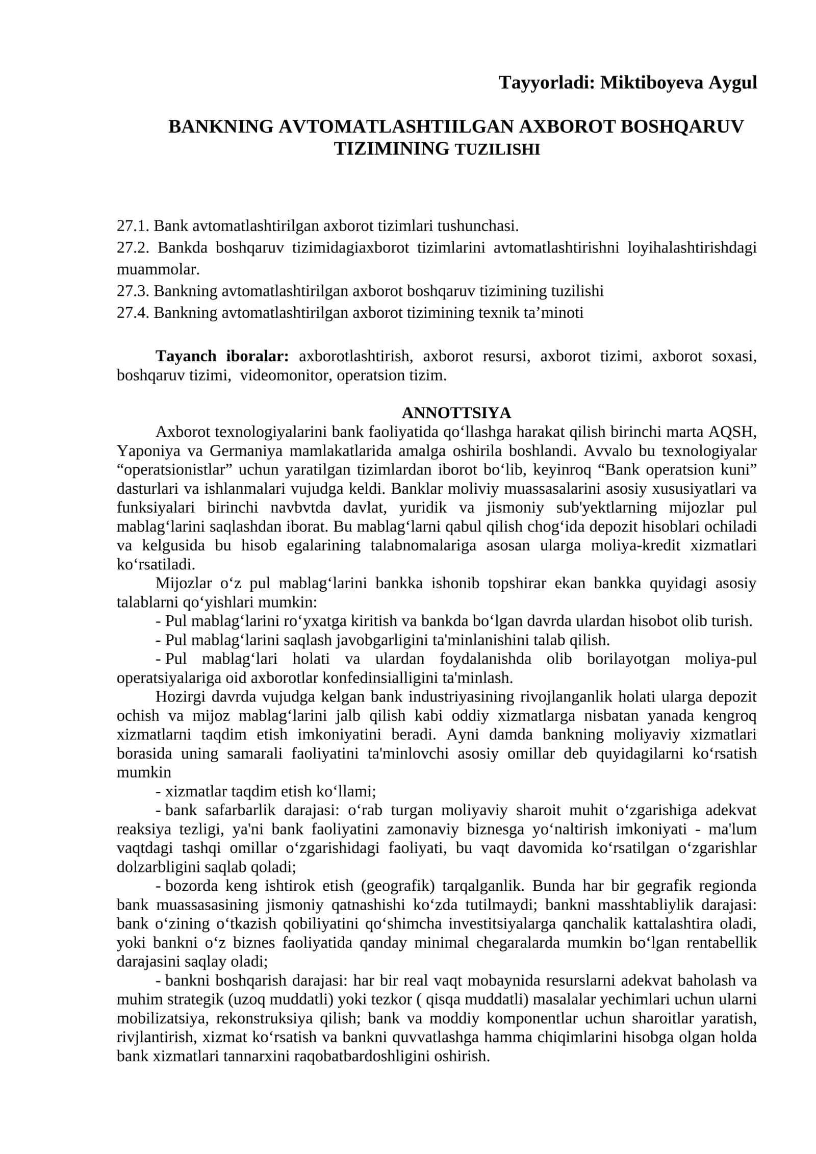 BANKNING AVTOMATLASHTIILGAN AXBOROT BOSHQARUV TIZIMINING TUZILISHI