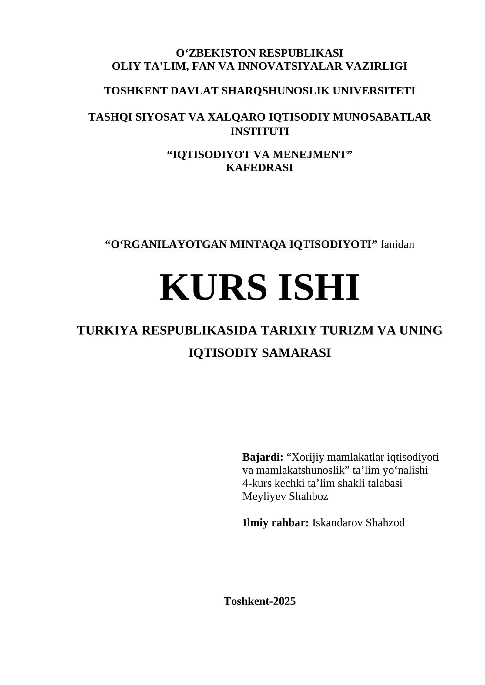 TURKIYA RESPUBLIKASIDA TARIXIY TURIZM VA UNING IQTISODIY SAMARASI
