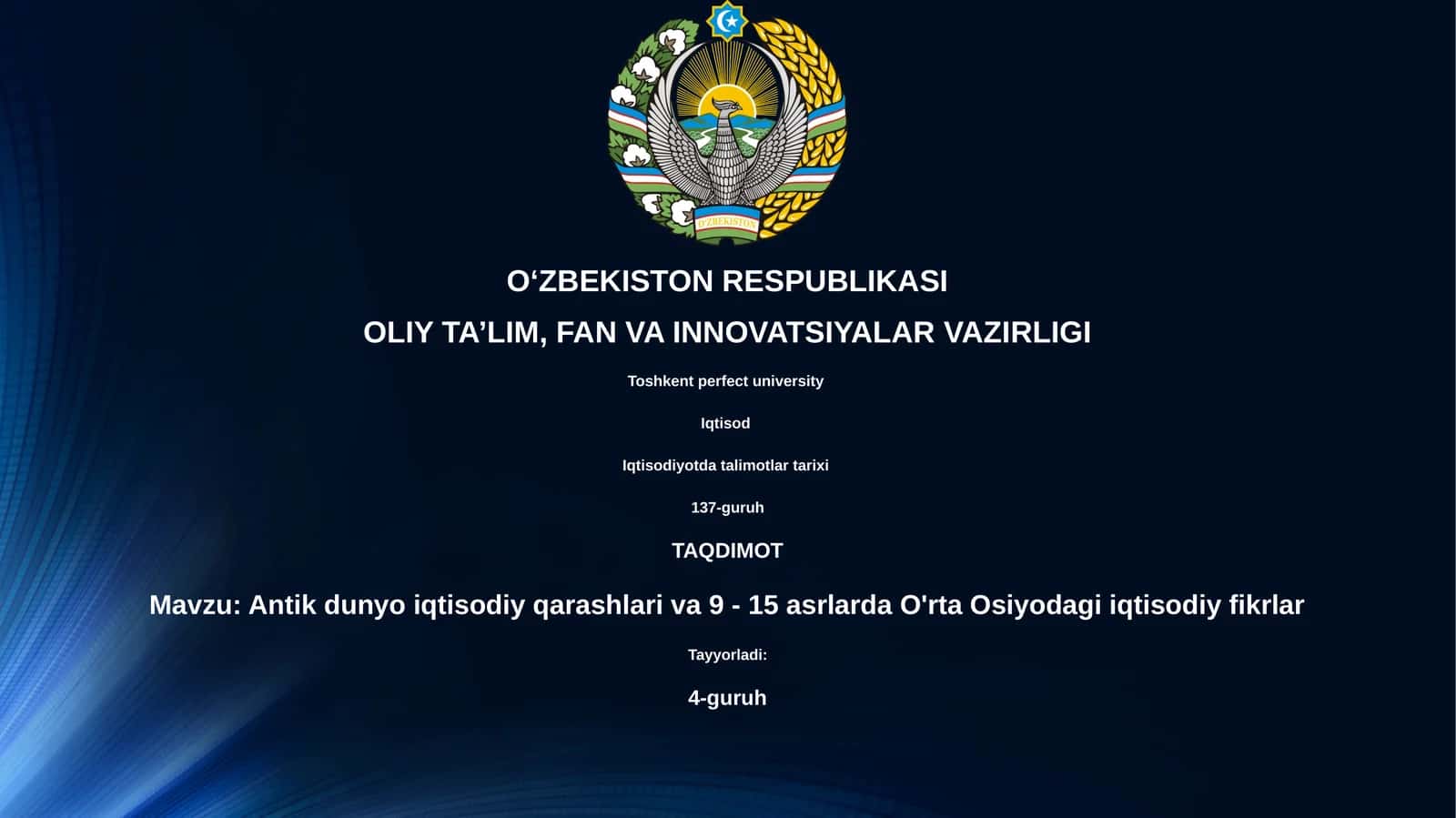 Antik dunyo iqtisodiy qarashlari va 9 - 15 asrlarda O'rta Osiyodagi iqtisodiy fikrlar