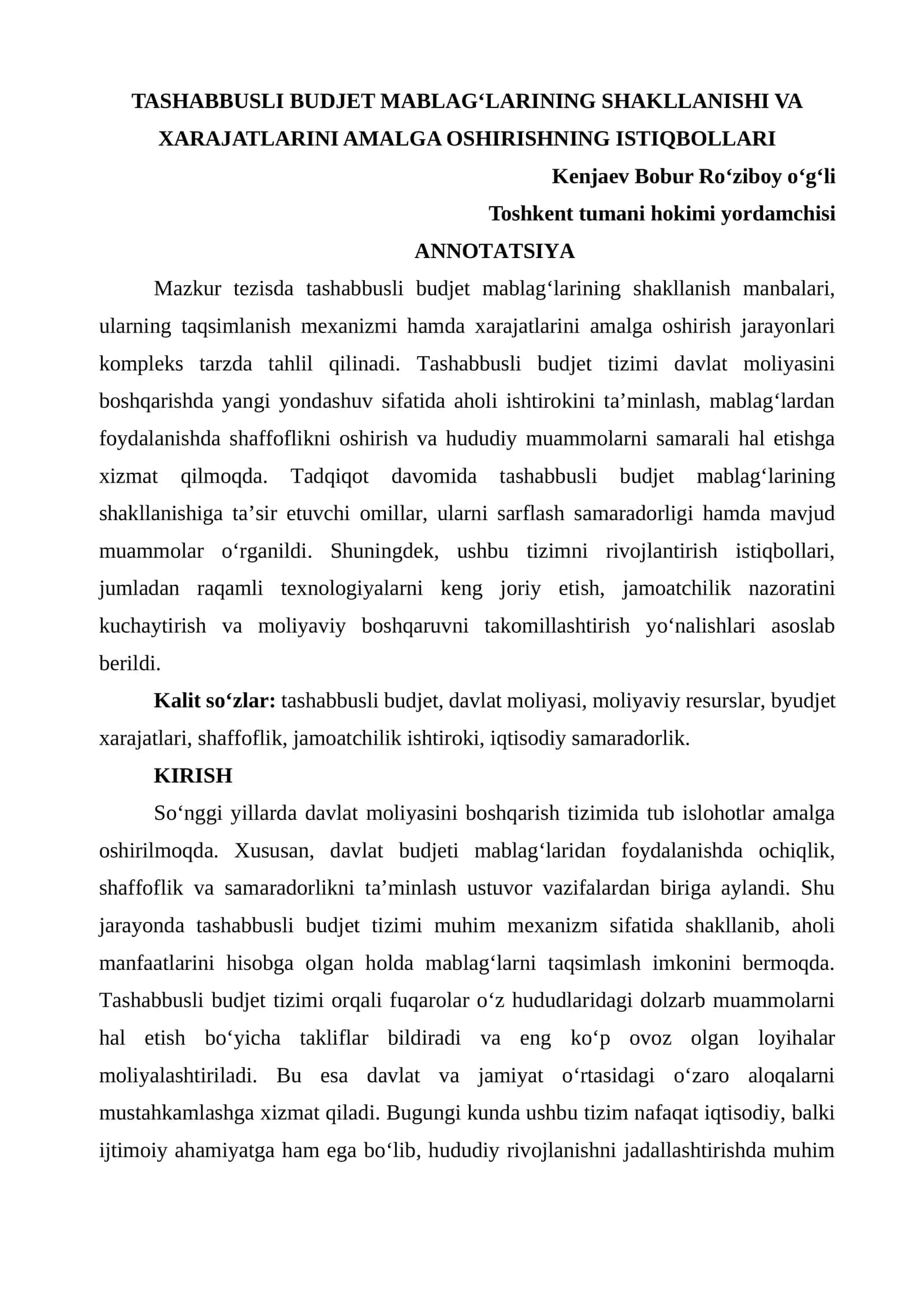 Tashabbusli Budjet Mablag‘larining Shakllanishi va Xarajatlarini Amalga Oshirishning Istiqbollari