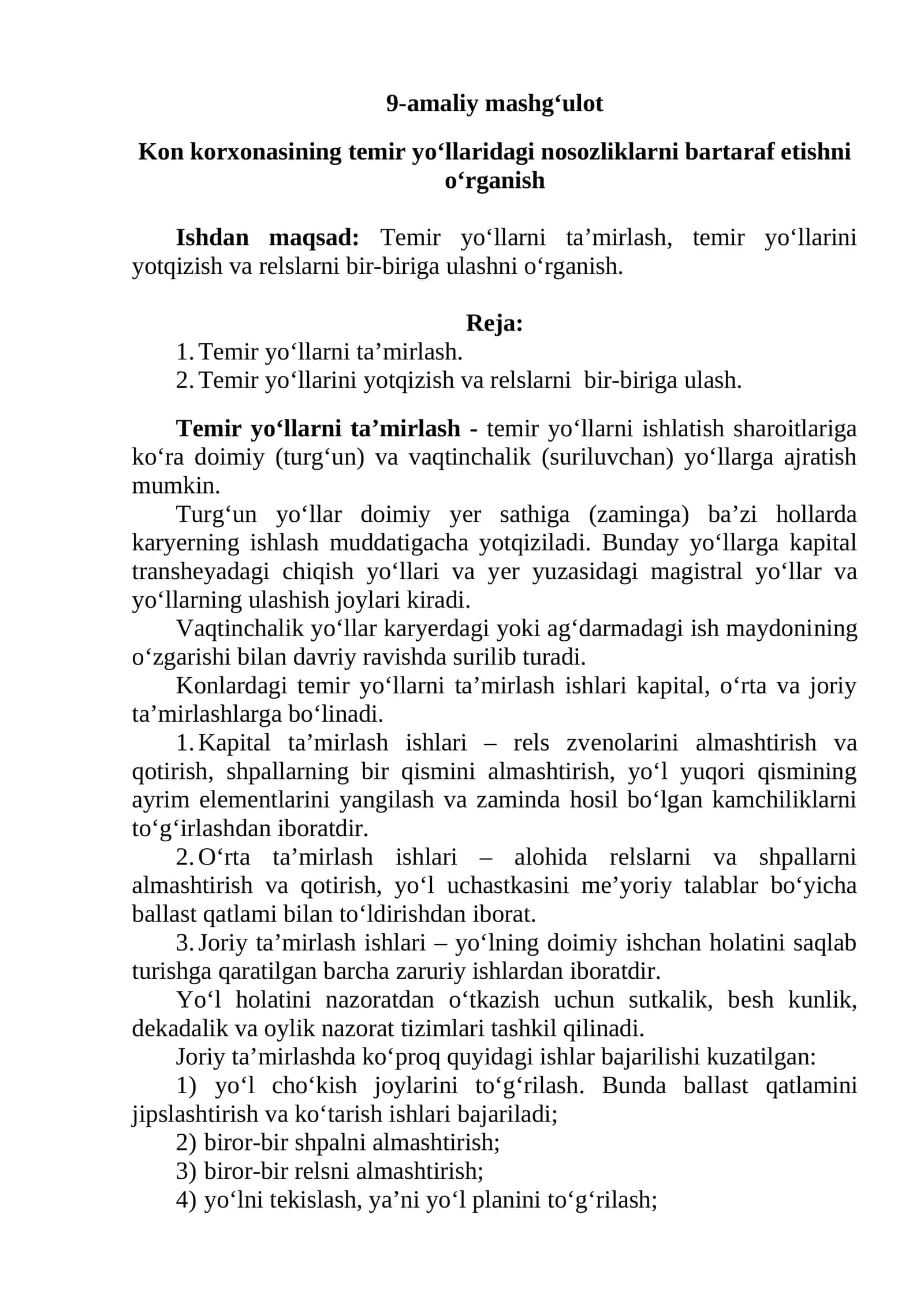 Kon korxonasining temir yo‘llaridagi nosozliklarni bartaraf etishni o‘rganish