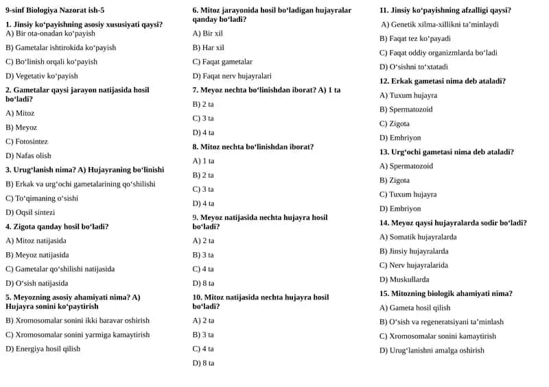 9-sinflar uchun Biologiya fanidan Nazorat ish-5