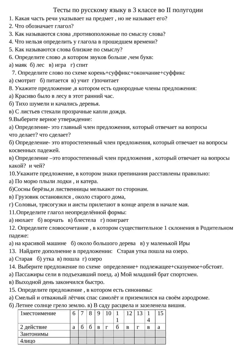 Тесты по русскому языку в 3 классе во II полугодии