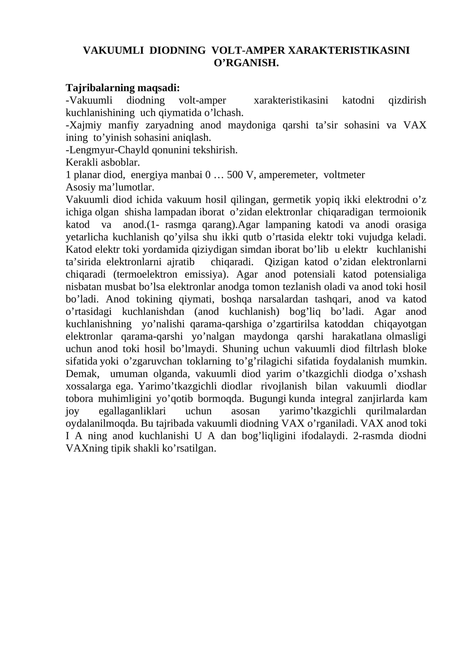 VAKUUMLI DIODNING VOLT-AMPER XARAKTERISTIKASINI O’RGANISH