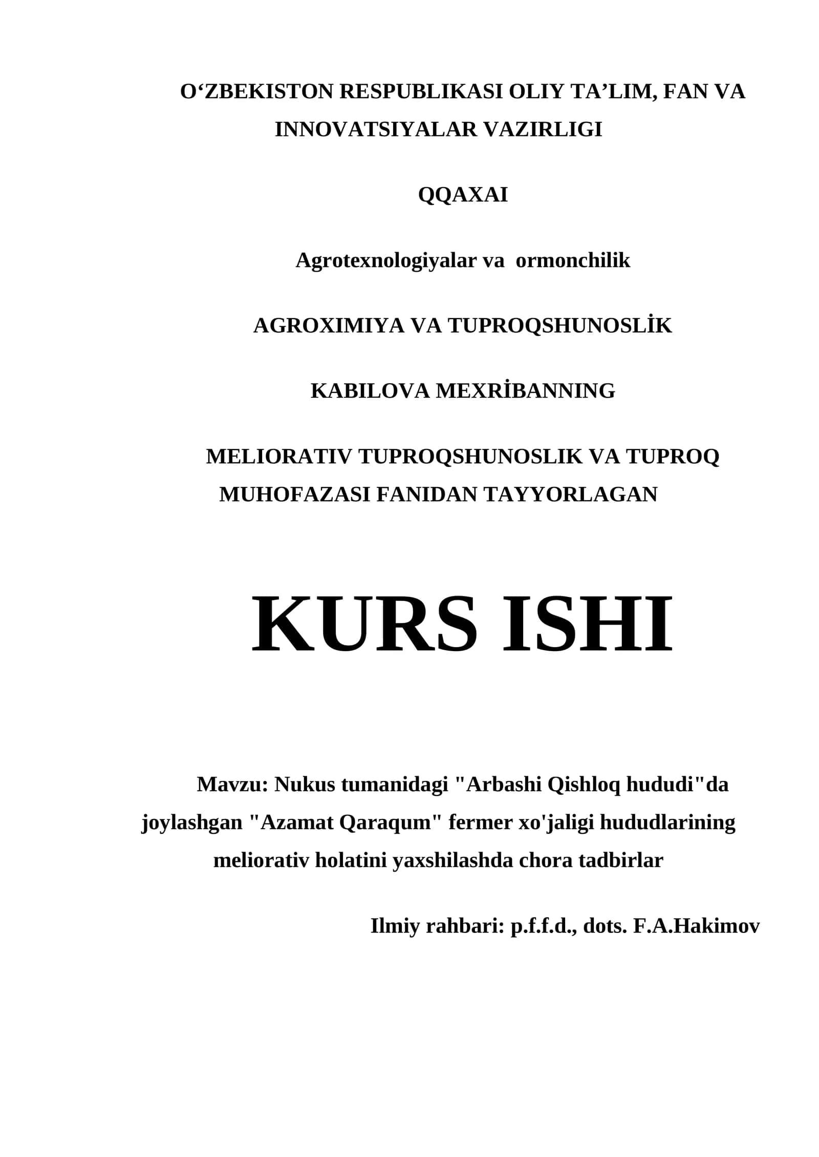Azamat Qaraqum fermasi meliorativ holatini yaxshilash KURS ISHI