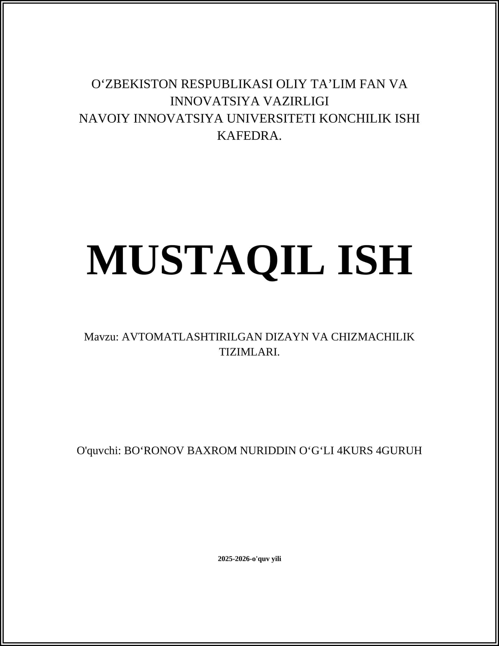 AVTOMATLASHTIRILGAN DIZAYN VA CHIZMACHILIK TIZIMLARI