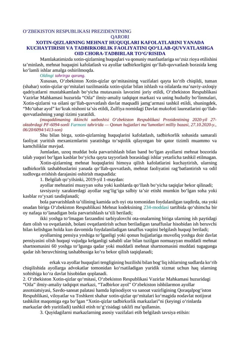XOTIN-QIZLARNING MEHNAT HUQUQLARI KAFOLATLARINI YANADA KUCHAYTIRISH VA TADBIRKORLIK FAOLIYATINI QO‘LLAB-QUVVATLASHGA OID CHORA-TADBIRLAR TO‘G‘RISIDA
