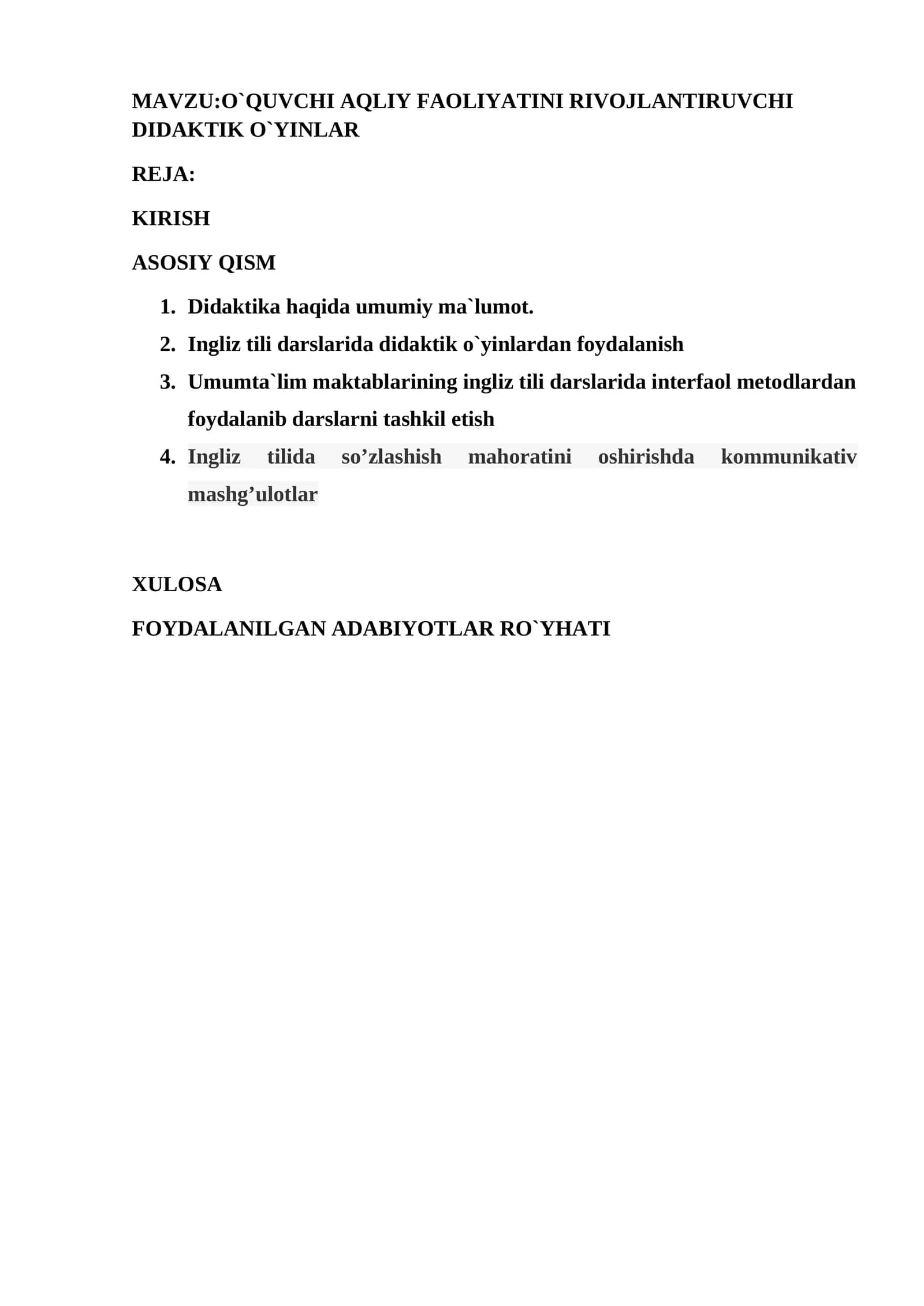 O`QUVCHI AQLIY FAOLIYATINI RIVOJLANTIRUVCHI DIDAKTIK O`YINLAR