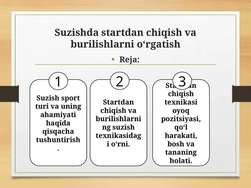 Suzishda startdan chiqish va burilishlarni oʻrgatish
