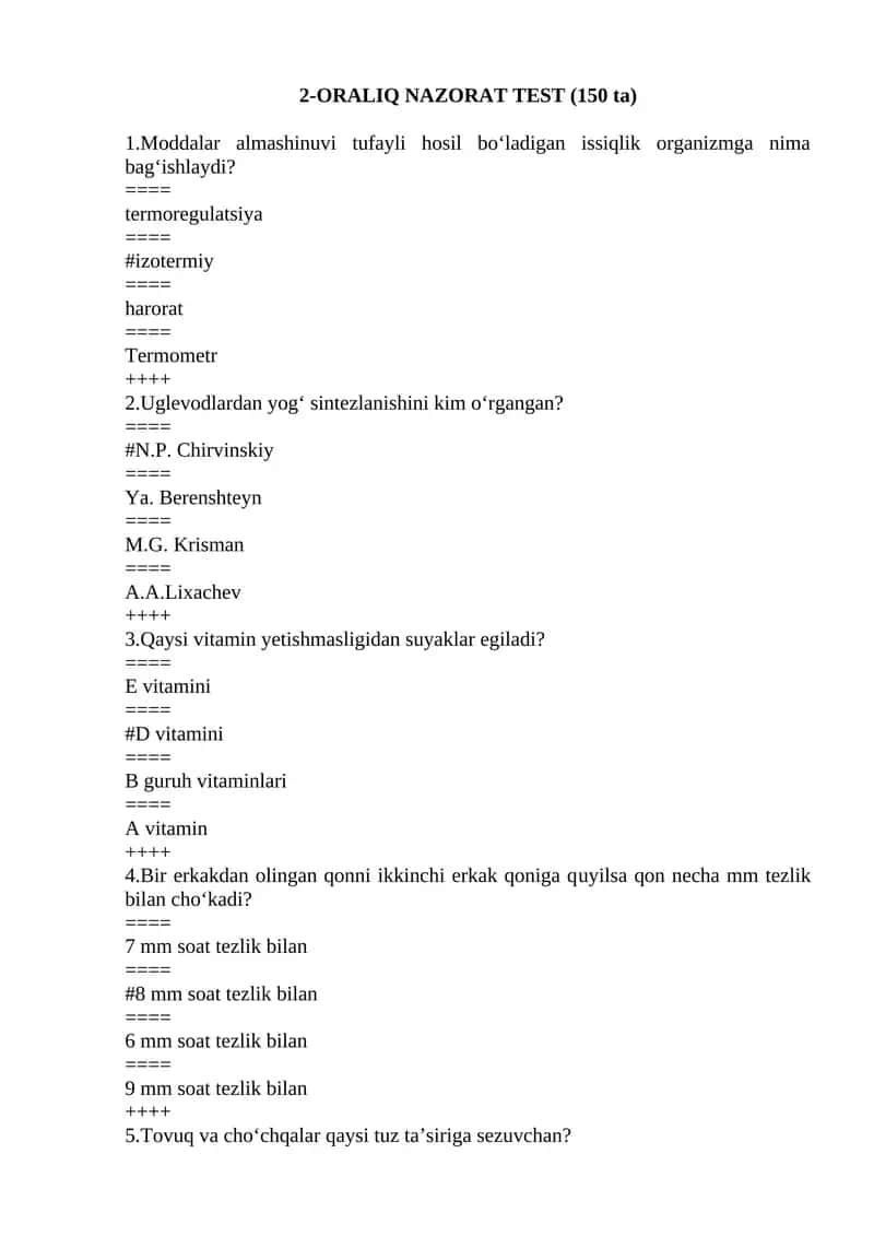 ORALIQ NAZORAT TEST