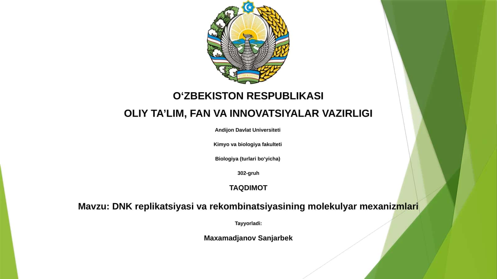 DNK replikatsiyasi va rekombinatsiyasining molekulyar mexanizmlari