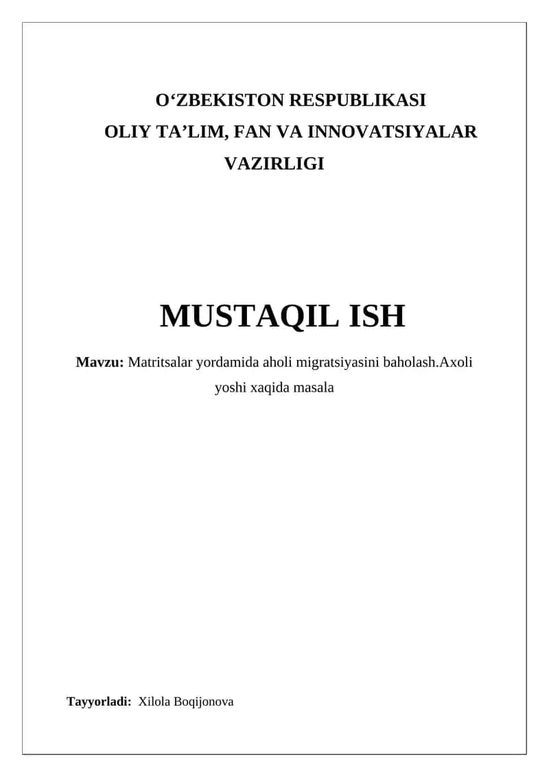 Matritsalar yordamida aholi migratsiyasini baholash