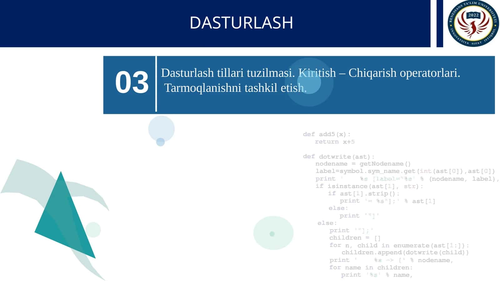 Dasturlash tillari tuzilmasi. Kiritish – Chiqarish operatorlari. Tarmoqlanishni tashkil etish.