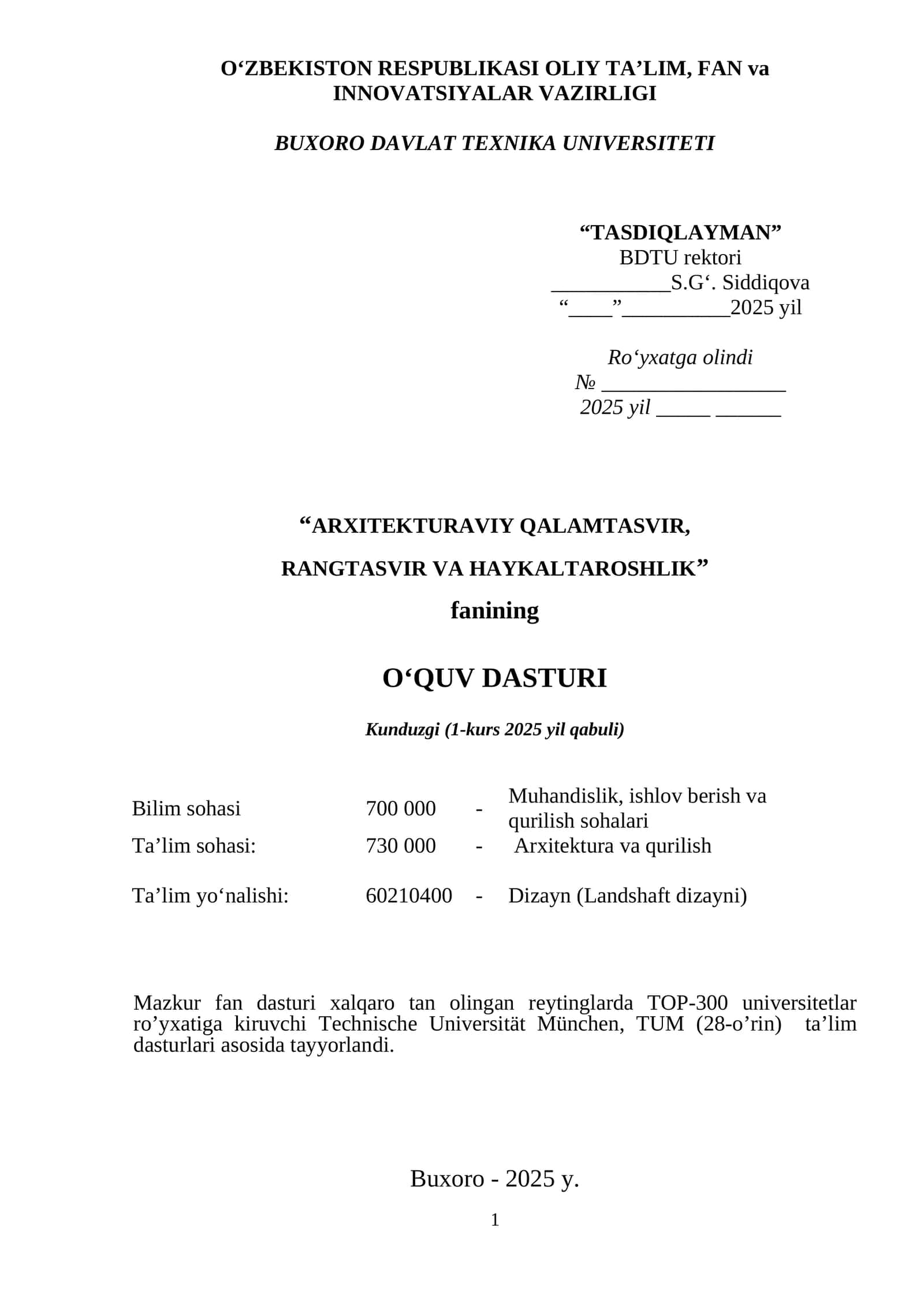 “ARXITEKTURAVIY QALAMTASVIR, RANGTASVIR VA HAYKALTAROSHLIK” fanining O‘QUV DASTURI