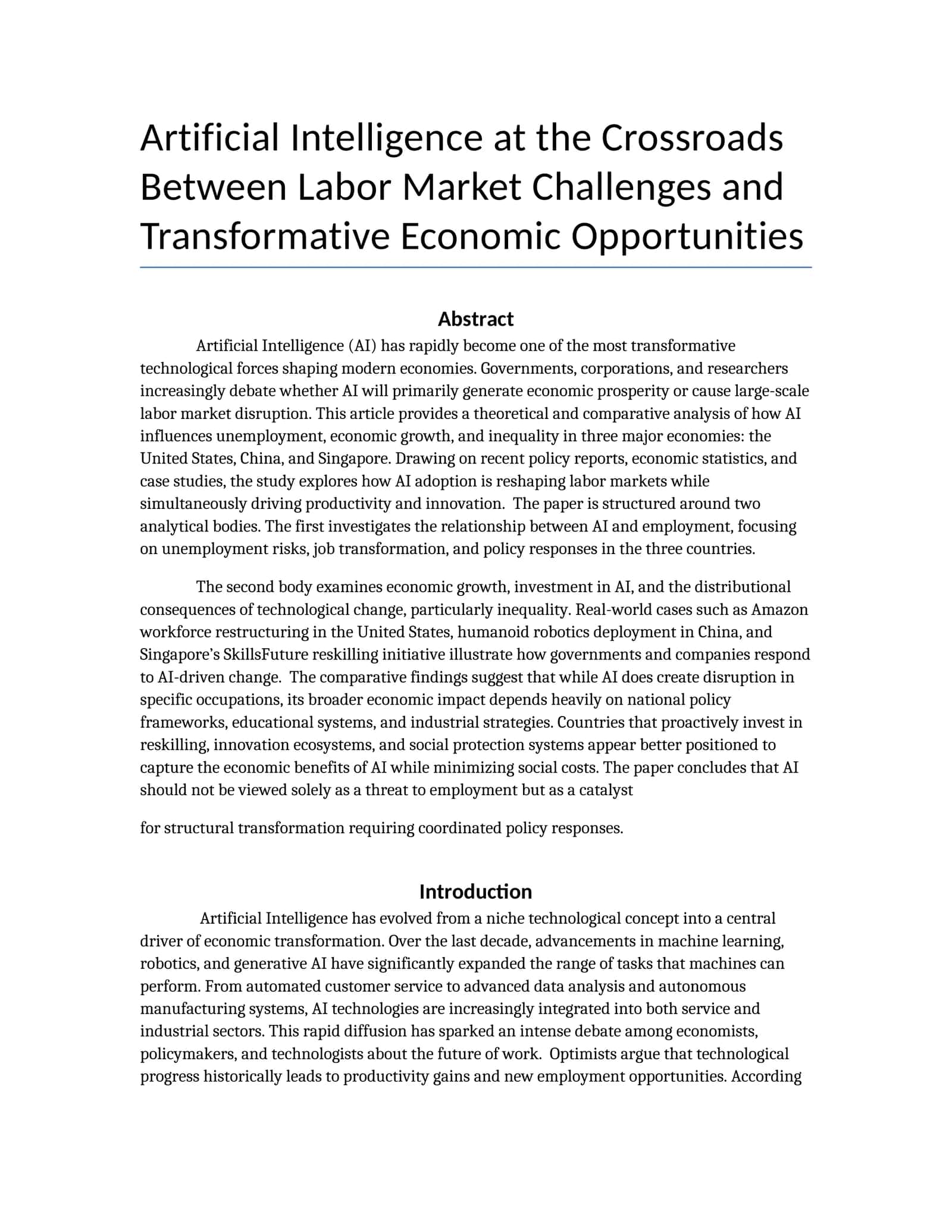 Artificial Intelligence at the Crossroads Between Labor Market Challenges and Transformative Economic Opportunities