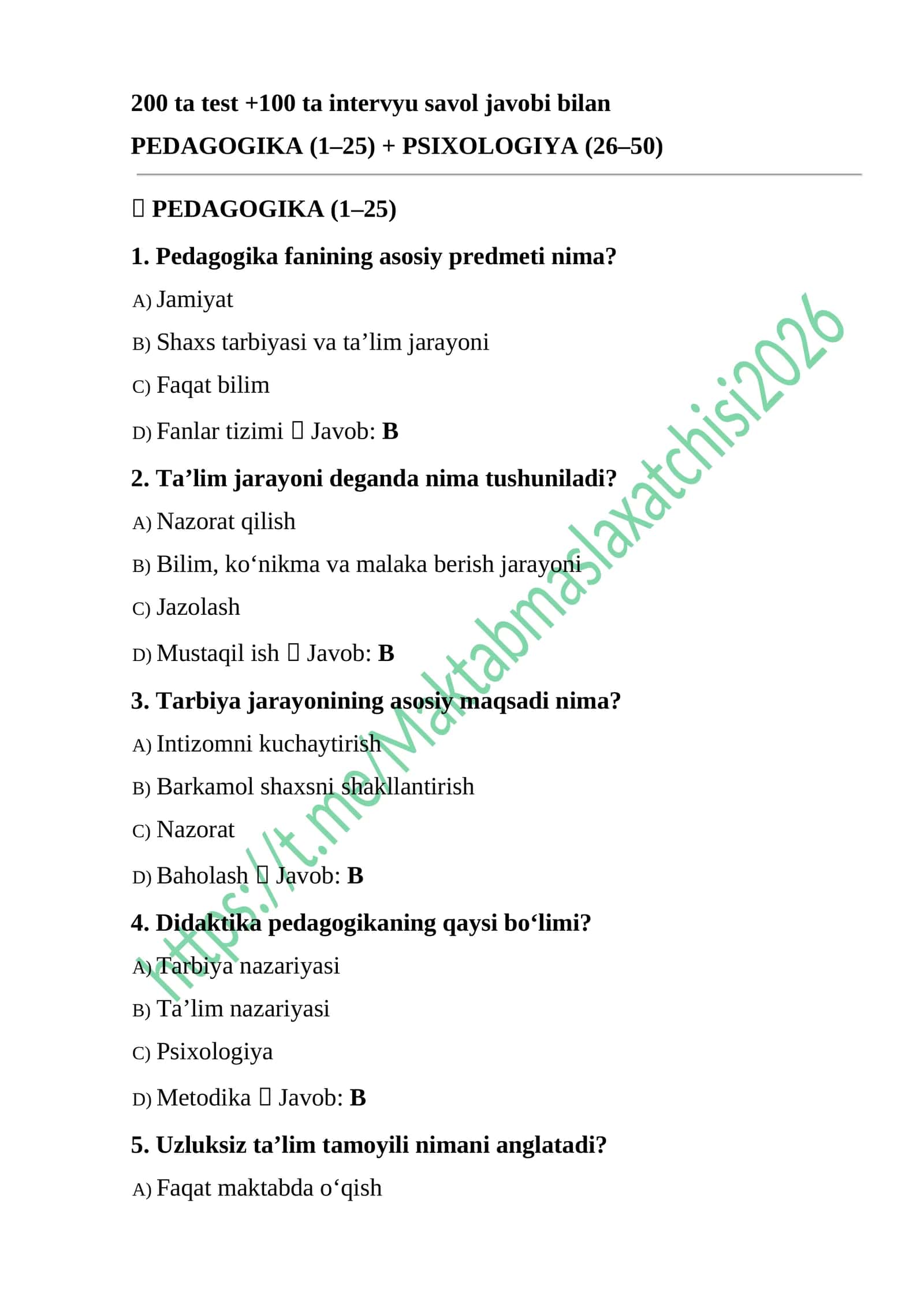 Maktab Maslahatchisi 300 ta test savol javoblari bilan