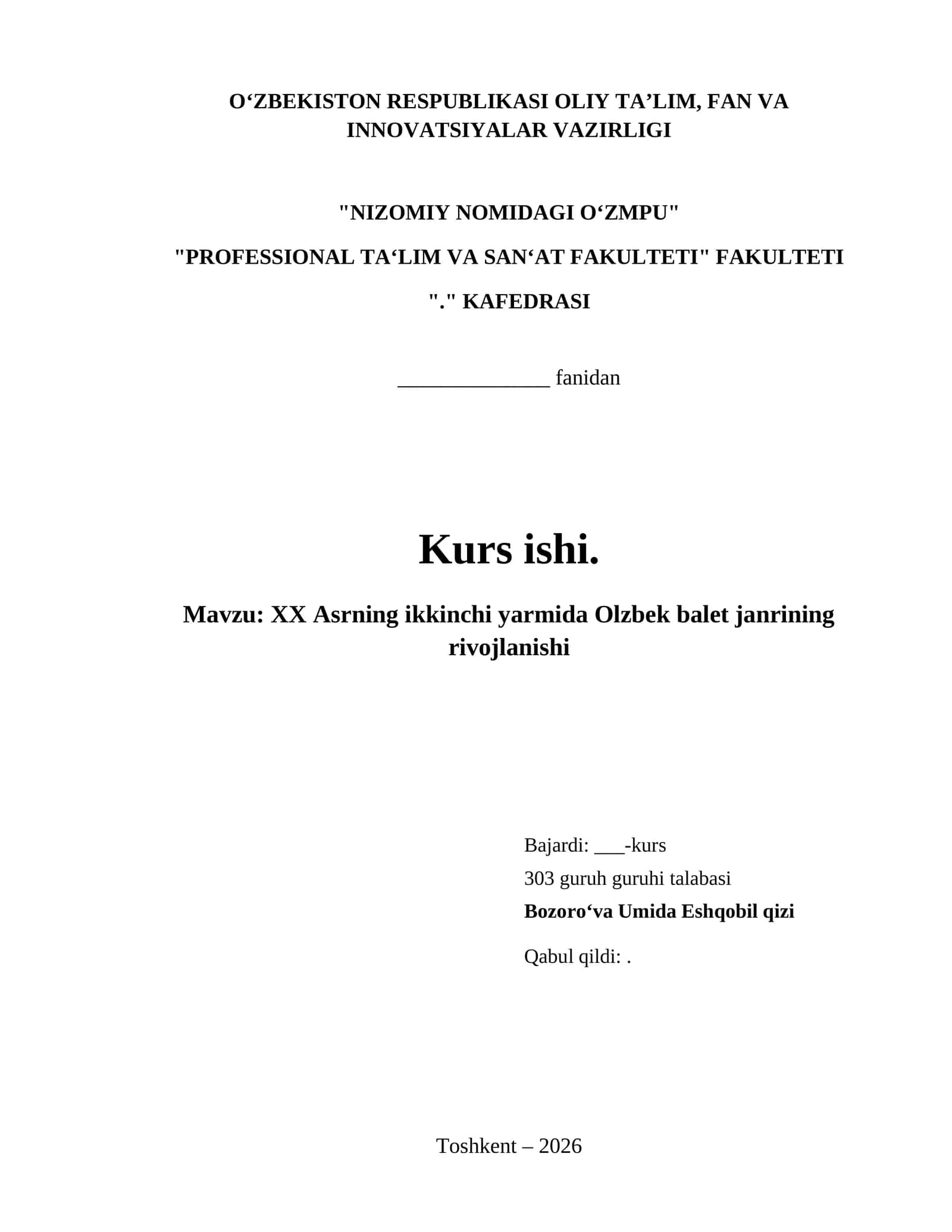 XX Asrning ikkinchi yarmida Olzbek balet janrining rivojlanishi