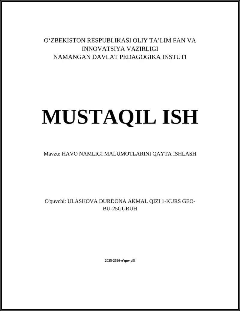 HAVO NAMLIGI MALUMOTLARINI QAYTA ISHLASH