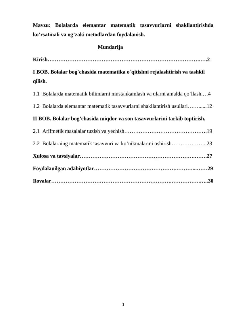 Bolalarda elemantar matematik tasavvurlarni shakllantirishda ko’rsatmali va og’zaki metodlardan foydalanish