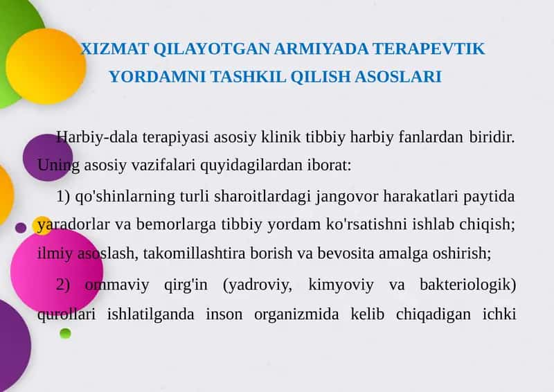XIZMAT QILAYOTGAN ARMIYADA TERAPEVTIK YORDAMNI TASHKIL QILISH ASOSLARI