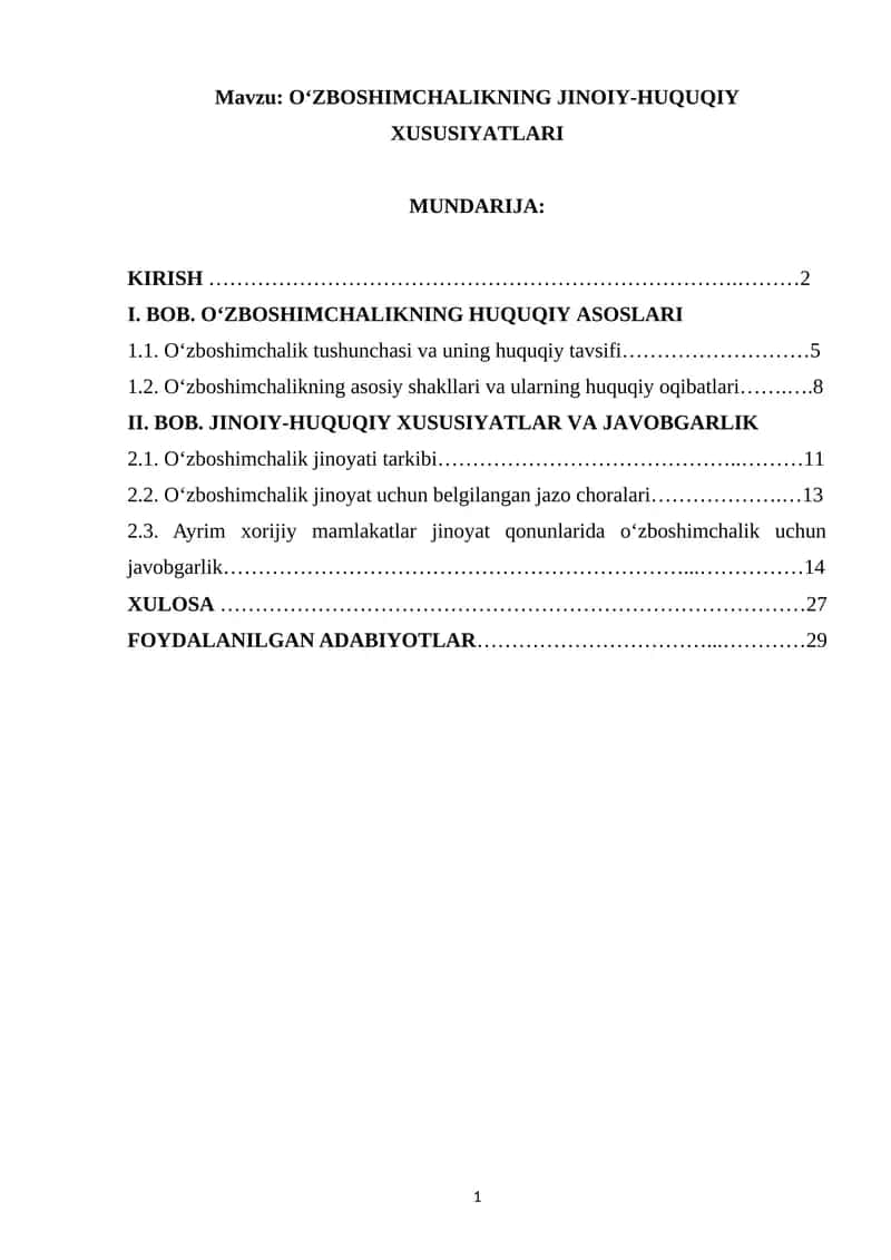 O‘ZBOSHIMCHALIKNING JINOIY-HUQUQIY XUSUSIYATLARI
