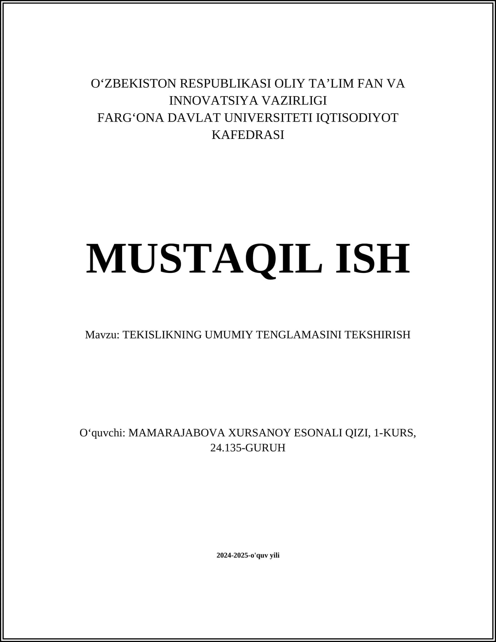 TEKISLIKNING UMUMIY TENGLAMASINI TEKSHIRISH