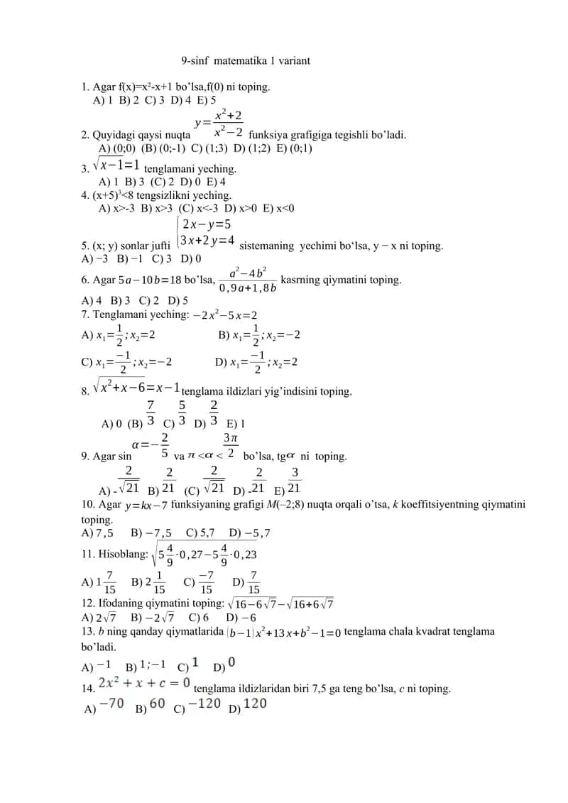 Matematikadan Olimpiada savollari