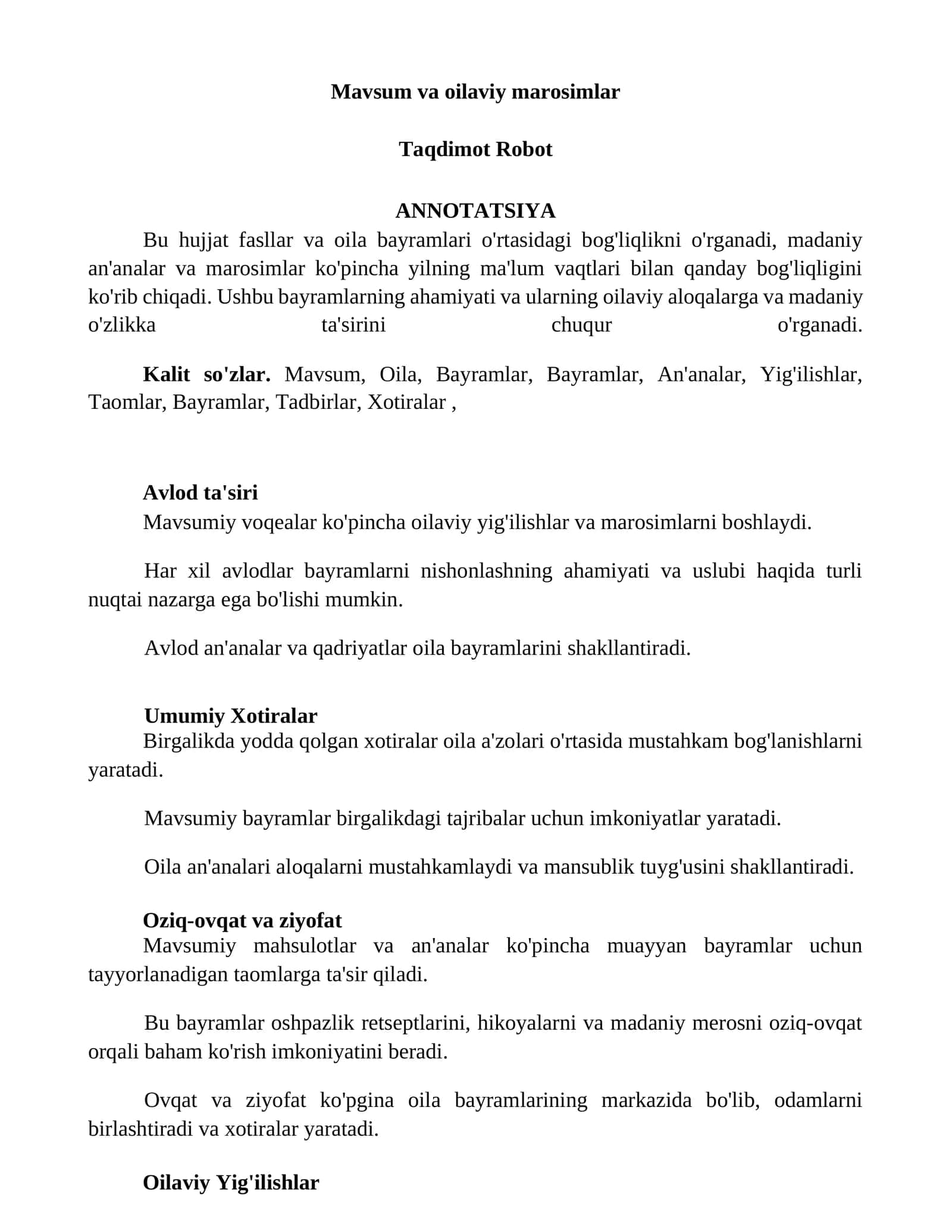 Mavsum va oilaviy marosimlar