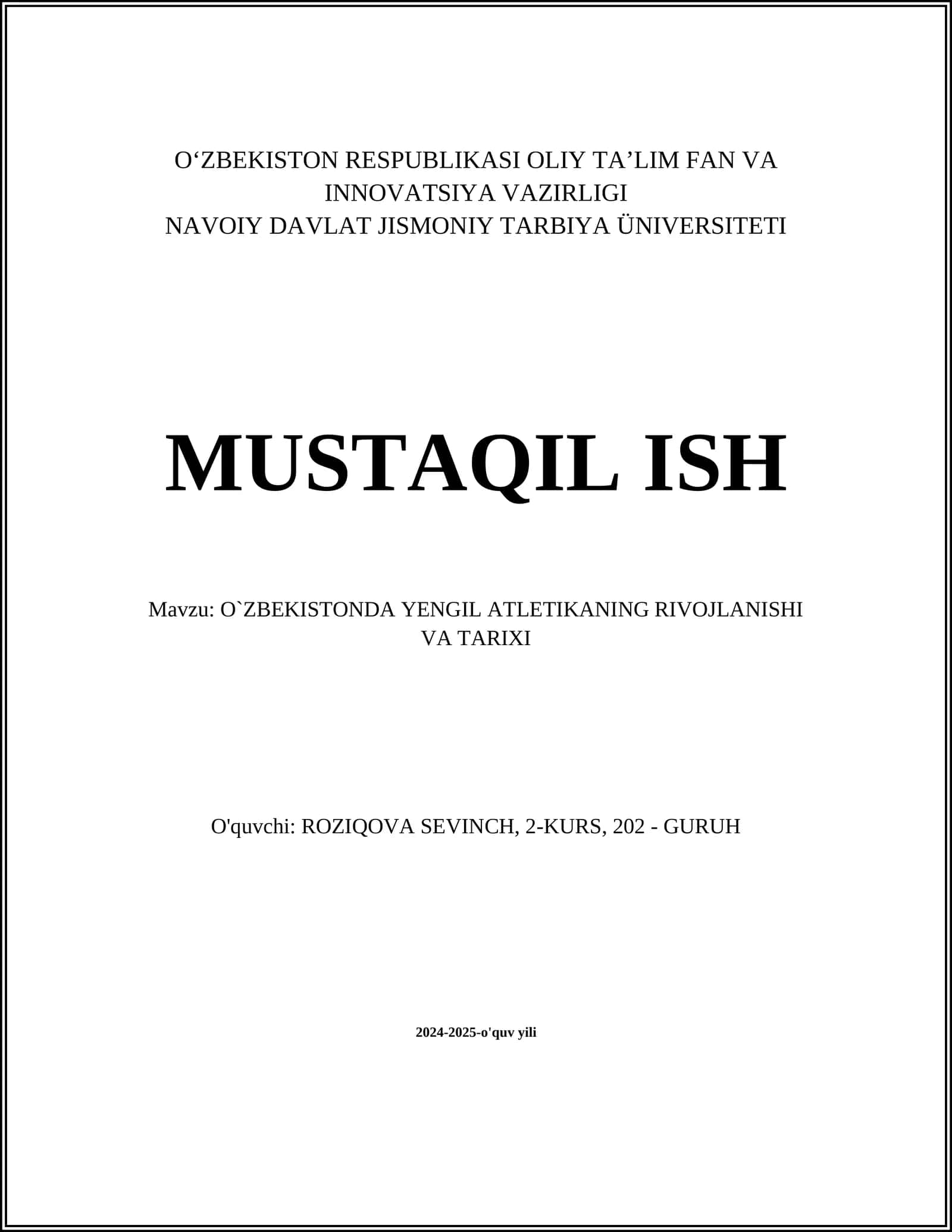 O`ZBEKISTONDA YENGIL ATLETIKANING RIVOJLANISHI VA TARIXI