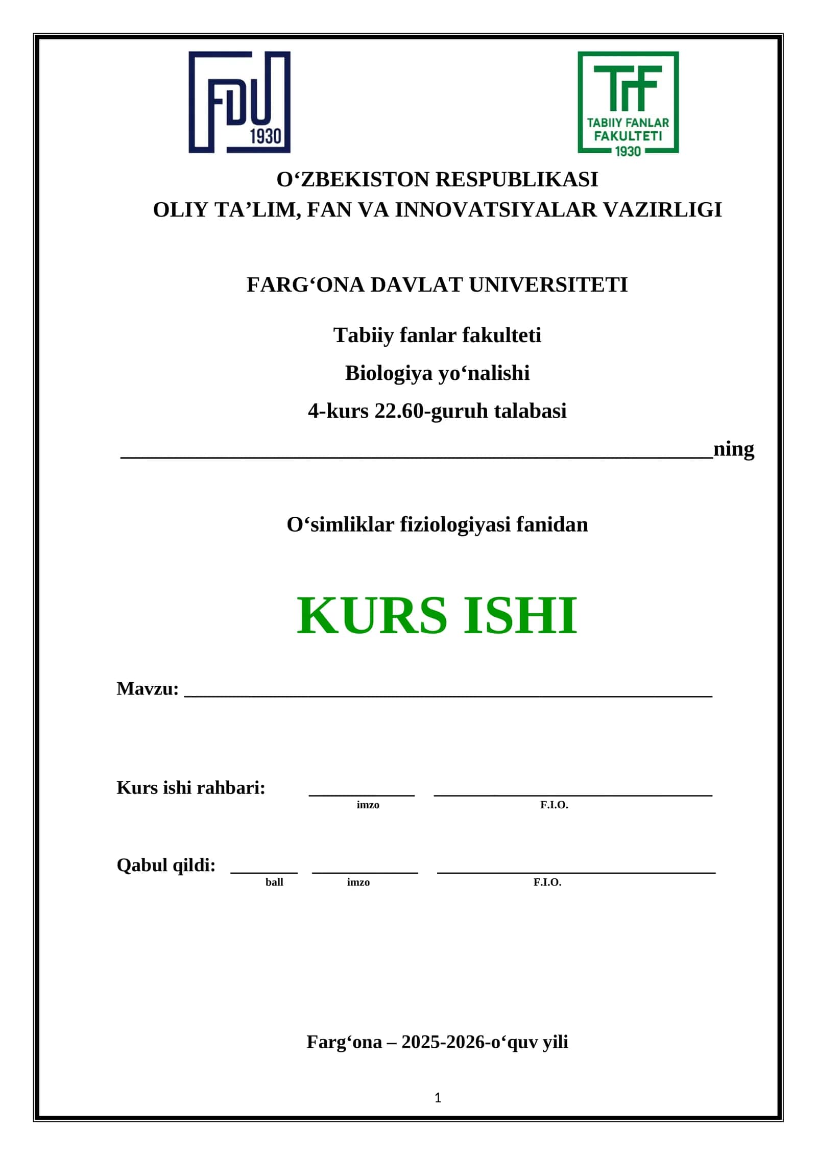 Kurs ishi - O‘simliklar fiziologiyasi fanidan