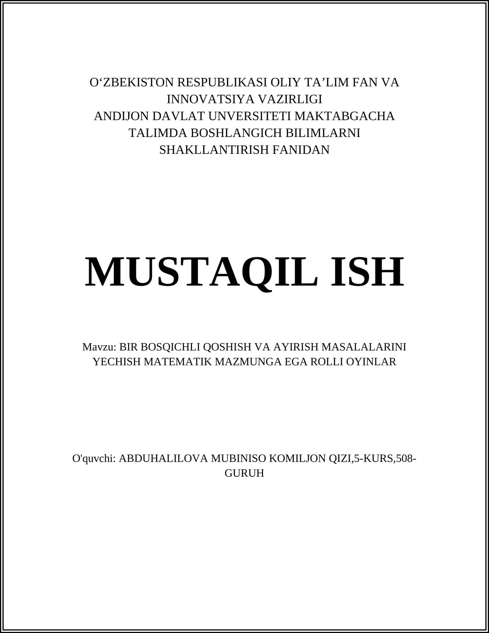 Bir Bosqichli Qoshish va Ayirish Masalalari