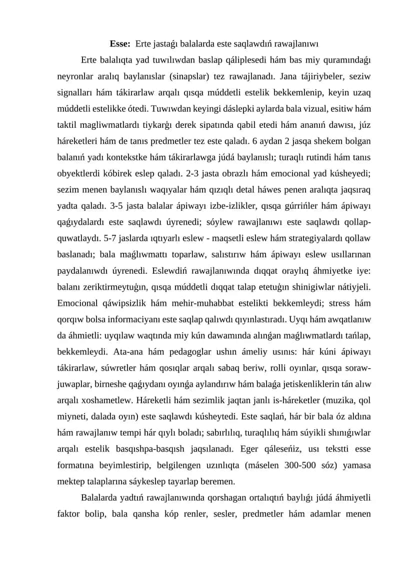 Erte jastaǵı balalar menen isleytuǵın Mektepke shekemgi tálim shólkemi tarbiyashisina qoy;lǵan ilimiy tájiriybe talaplar