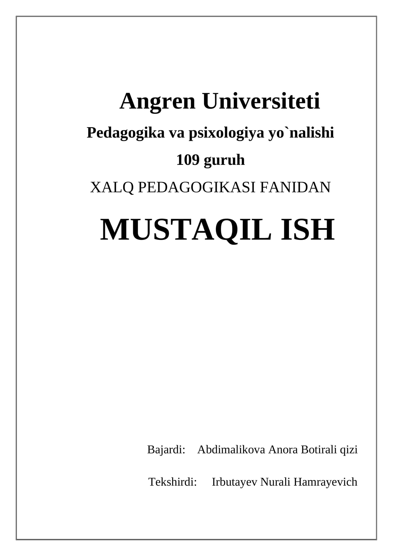 XALQ PEDAGOGIKASI FANIDAN