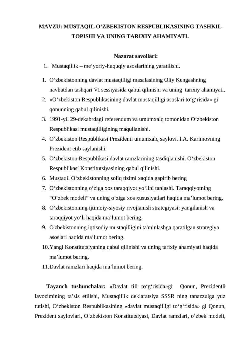 MUSTAQIL O‘ZBEKISTON RESPUBLIKASINING TASHKIL TOPISHI VA UNING TARIXIY AHAMIYATI