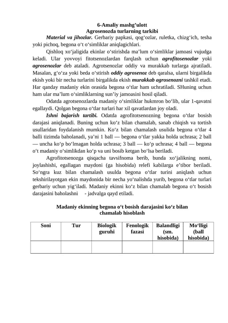 Agrosenozda turlarning tarkibi