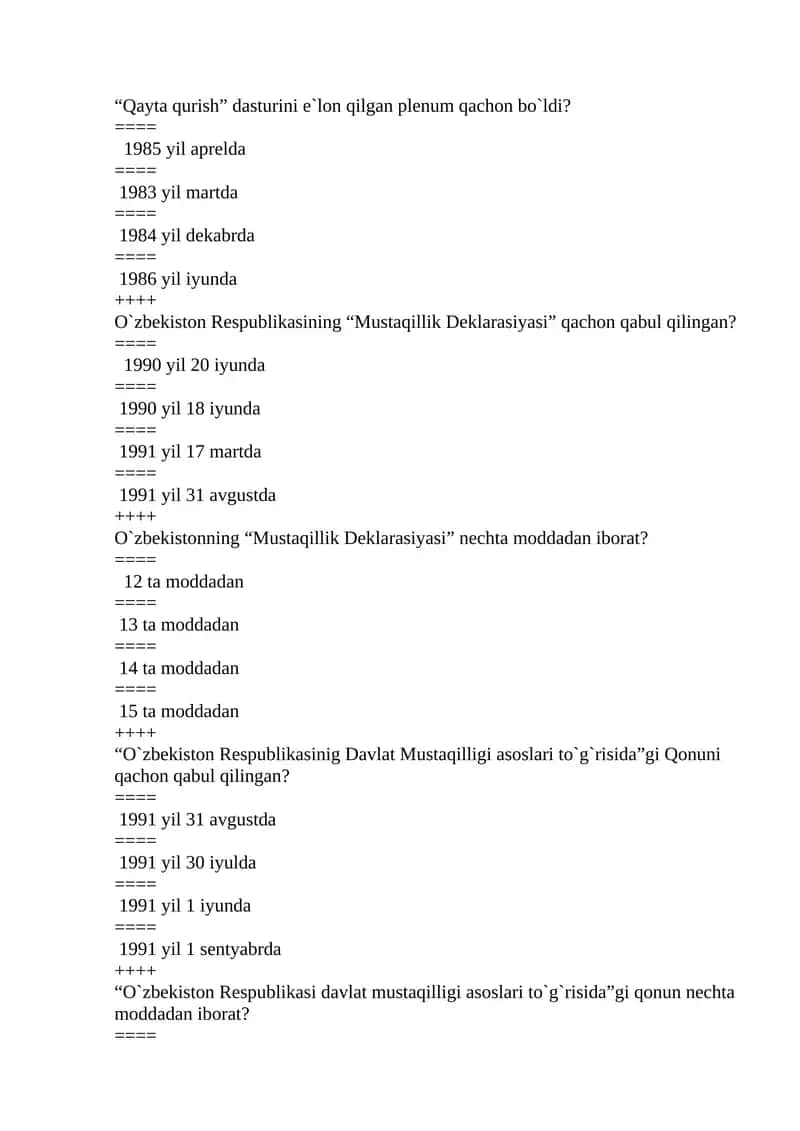 O`zbekistonning “Mustaqillik Deklarasiyasi” nechta moddadan iborat?