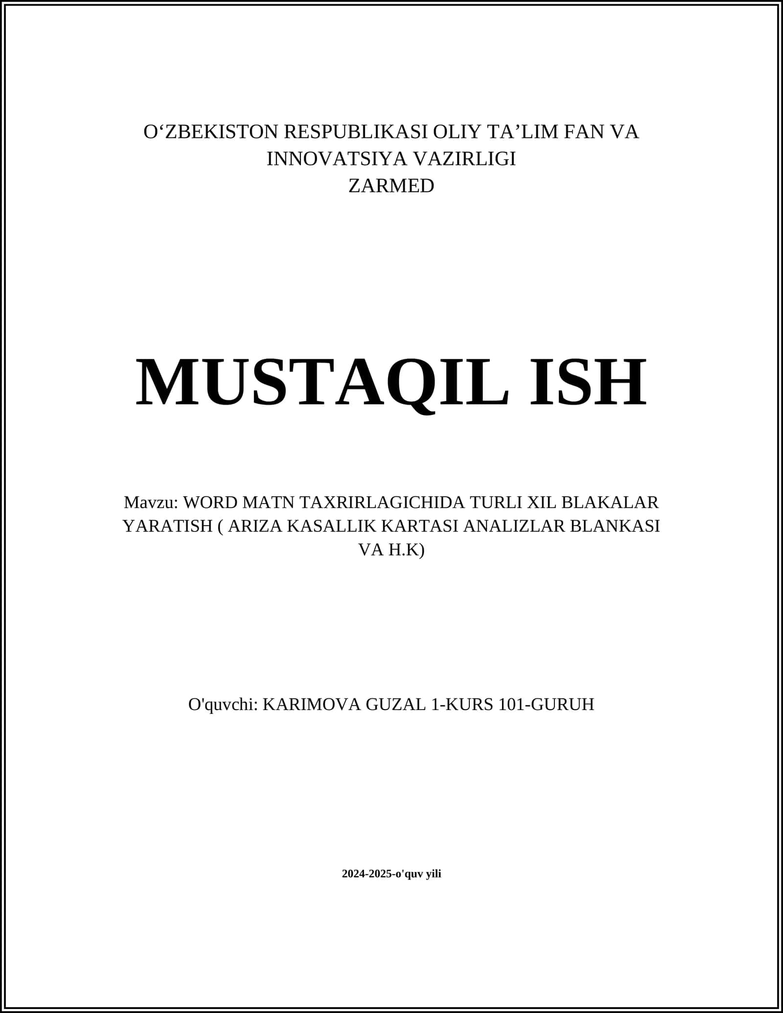 WORD MATN TAXRIRLAGICHIDA TURLI XIL BLAKALAR YARATISH ( ARIZA KASALLIK KARTASI ANALIZLAR BLANKASI VA H.K)