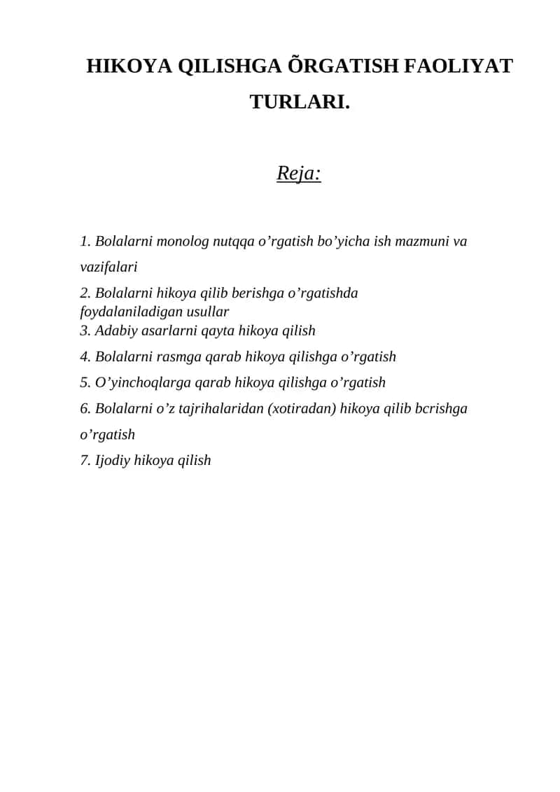 HIKOYA QILISHGA ÕRGATISH FAOLIYAT TURLARI