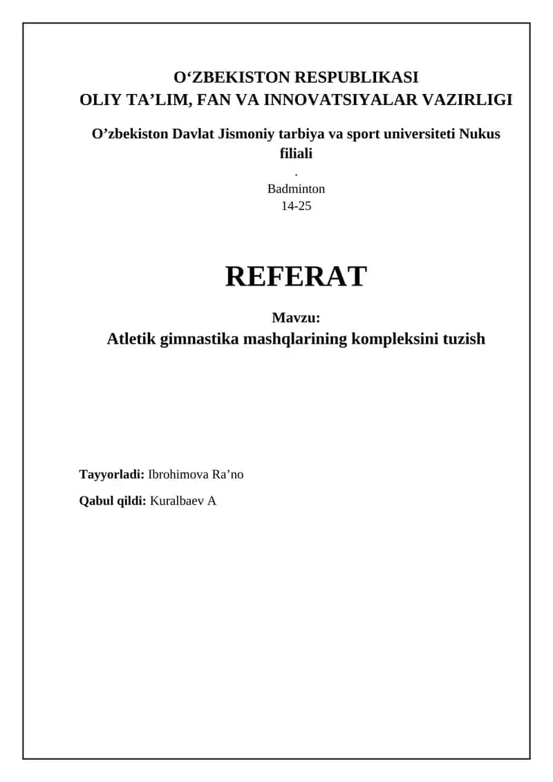 Atletik gimnastika mashqlarining kompleksini tuzish