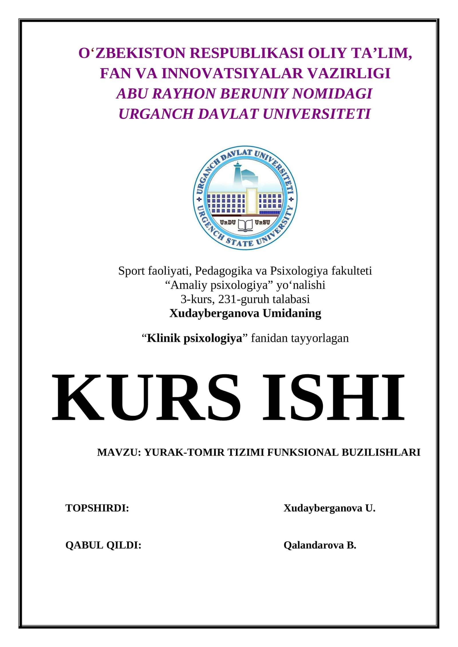 YURAK TOMIR TIZIMI FUNKSIONAL BUZILISHLARI . KURS ISHI