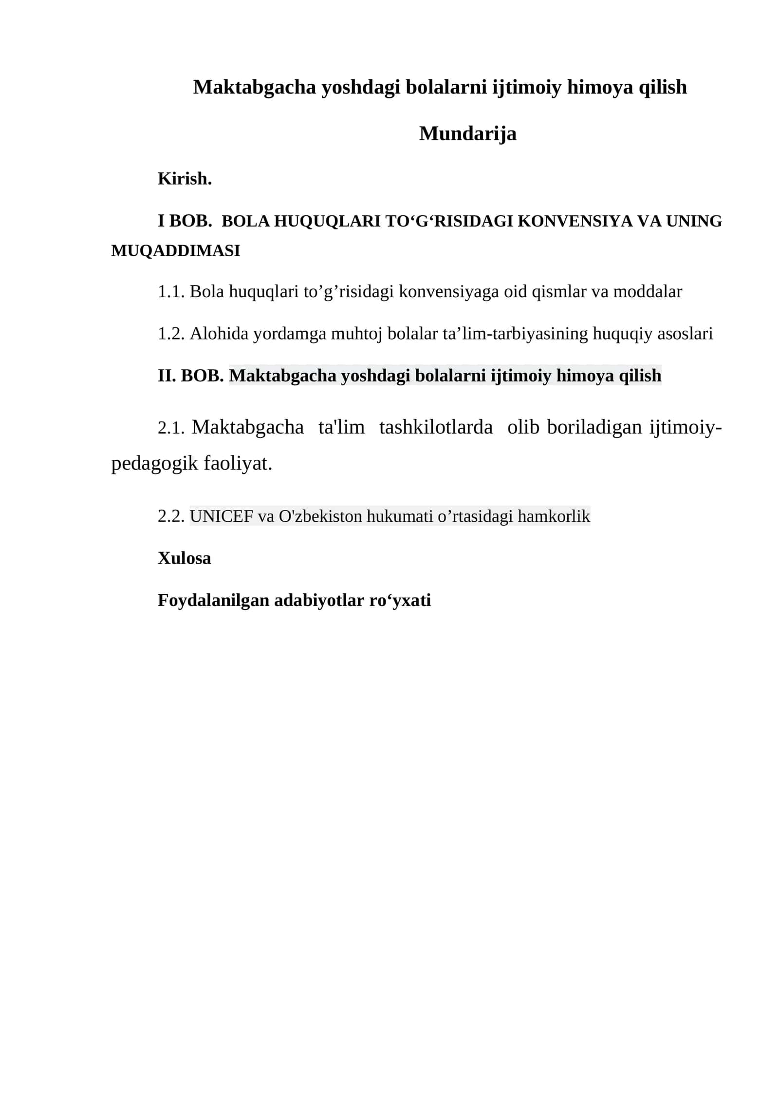 Maktabgacha yoshdagi bolalarni ijtimoiy himoya qilish