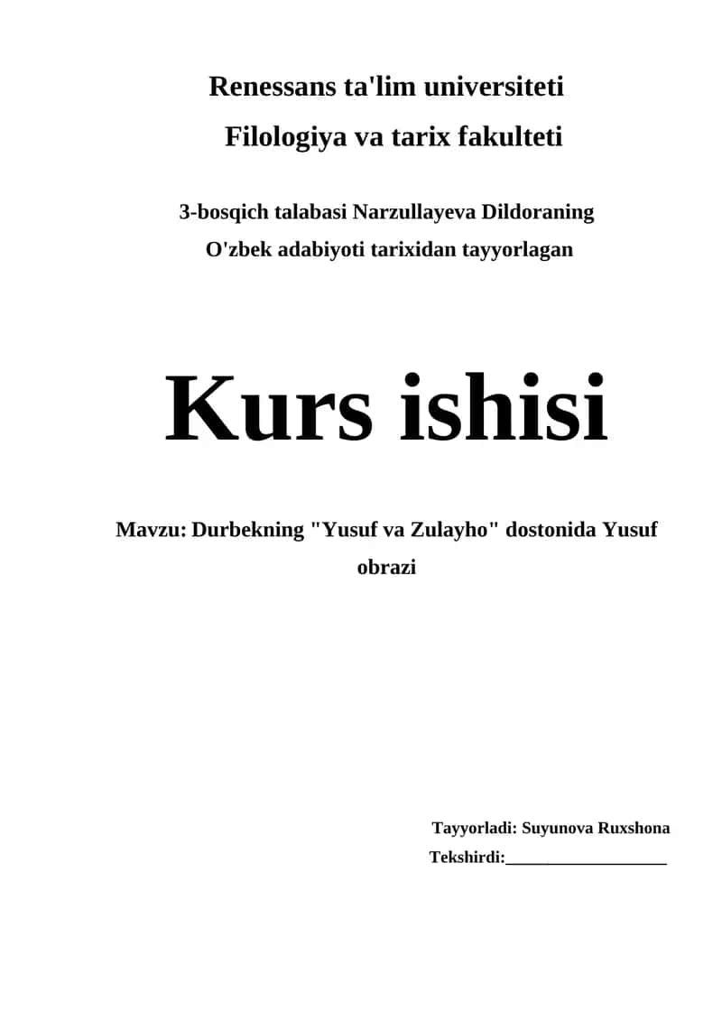 Durbekning "Yusuf va Zulayho" dostonida Yusuf obrazi