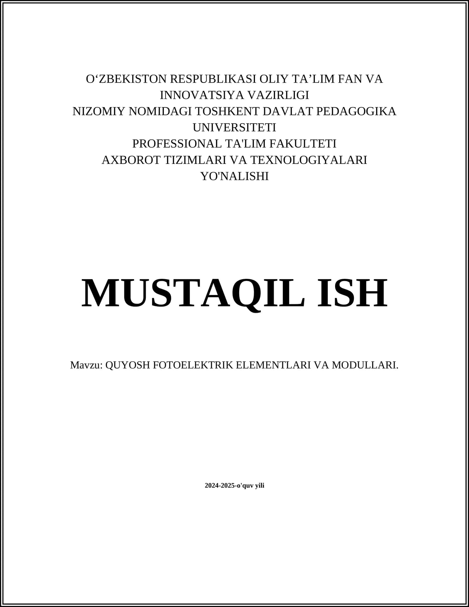 QUYOSH FOTOELEKTRIK ELEMENTLARI VA MODULLARI