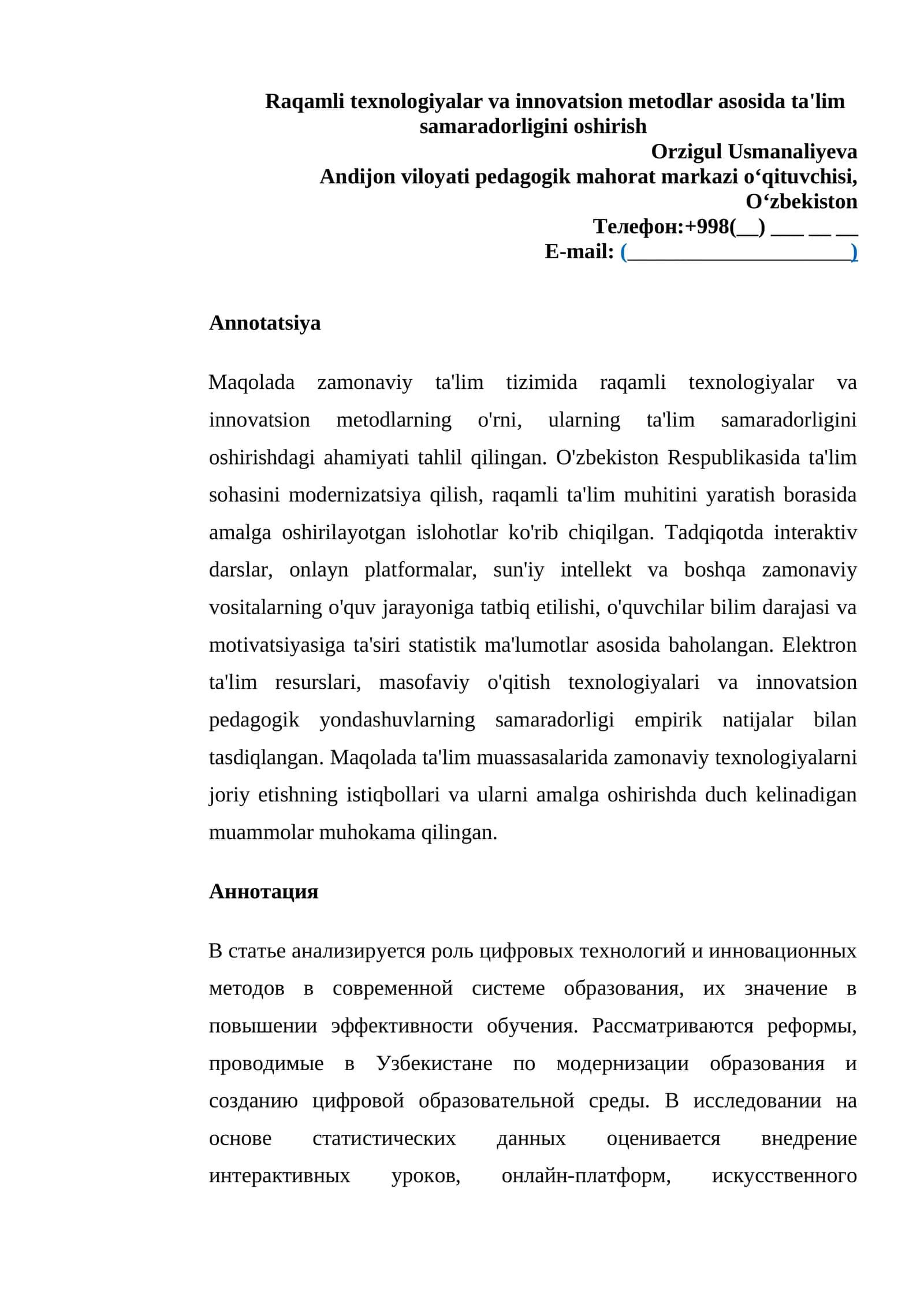 Rahamli texnologiyalar va innovatsion metodlar asosida ta'lim samaradorligini oshirish