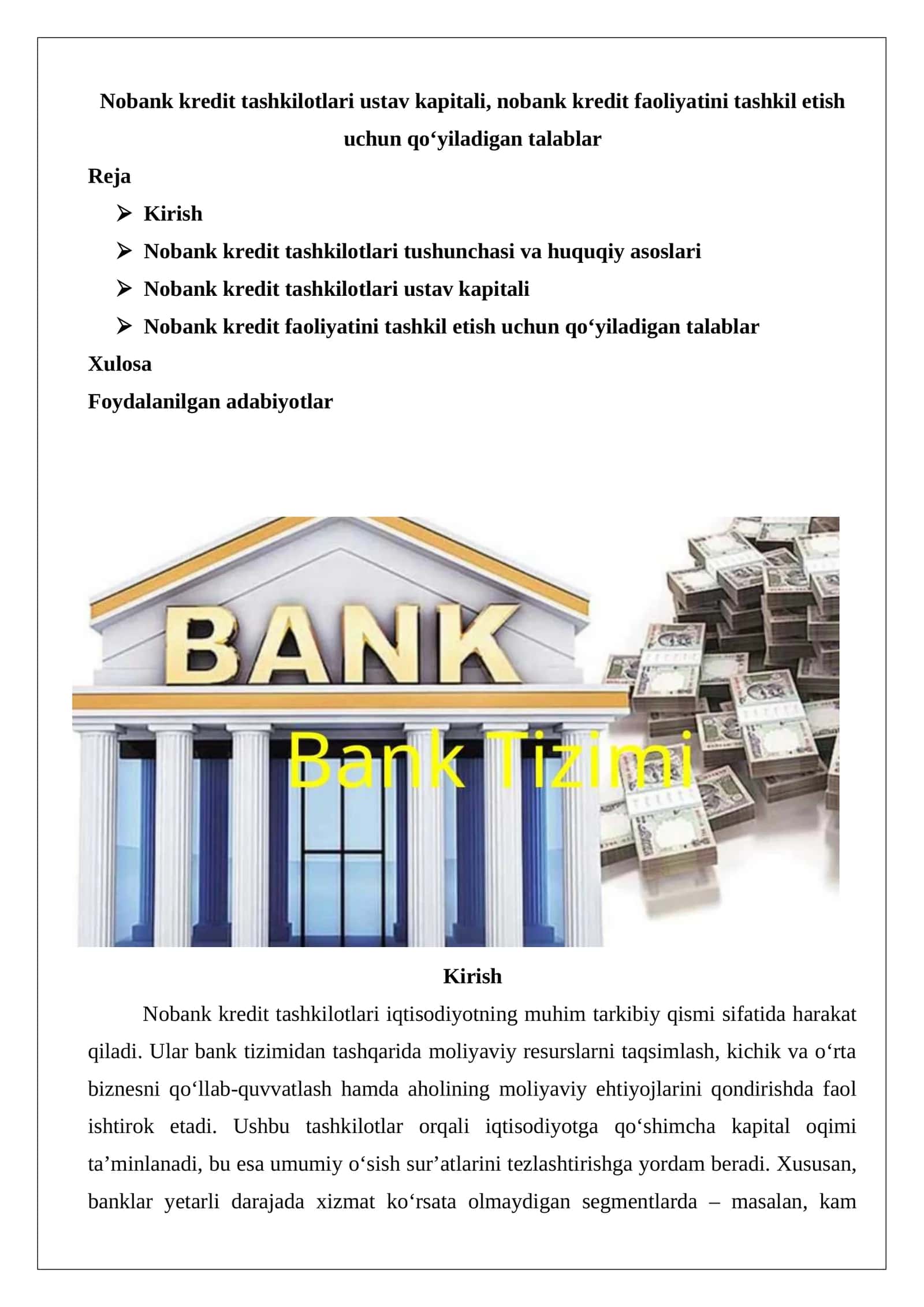 Nobank kredit tashkilotlari ustav kapitali, nobank kredit faoliyatini tashkil etish uchun qo‘yiladigan talablar