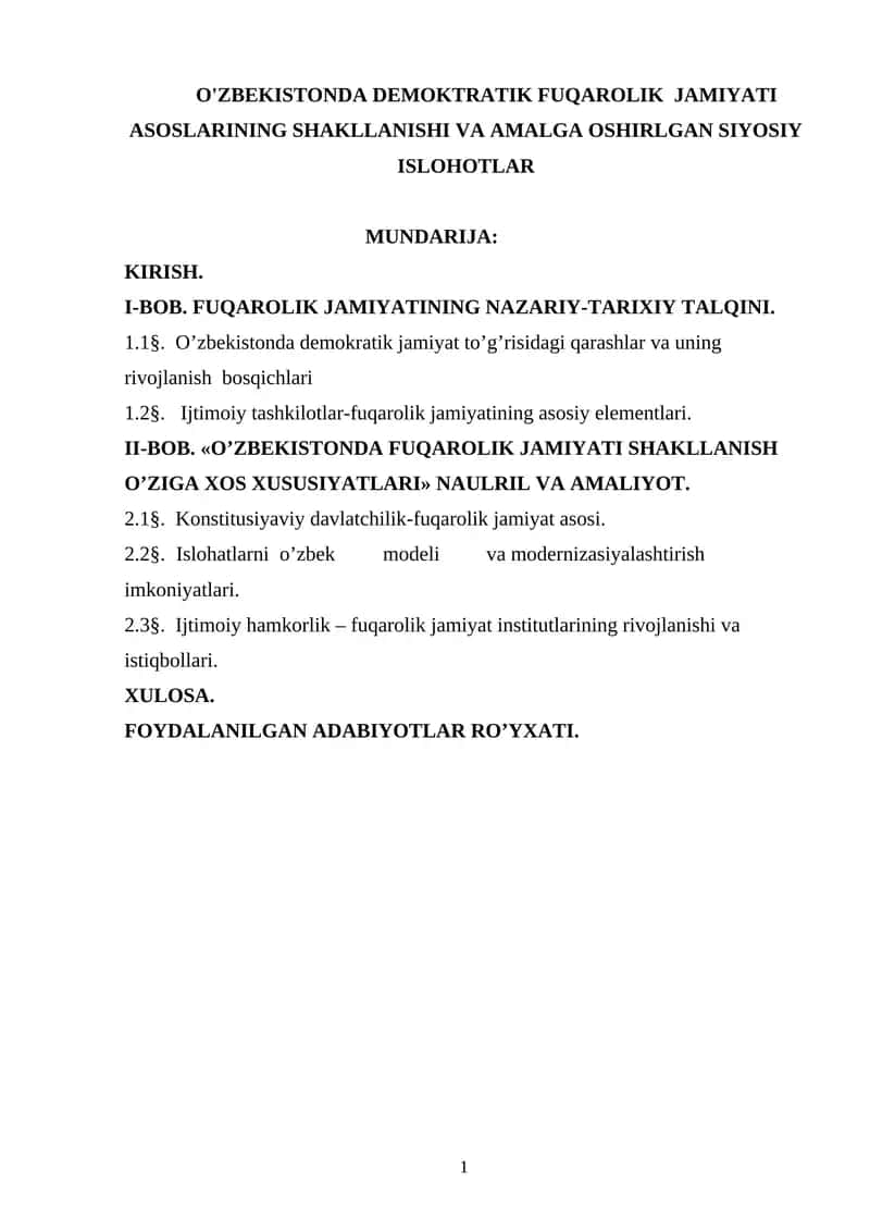 O'ZBEKISTONDA DEMOKTRATIK FUQAROLIK JAMIYATI ASOSLARINING SHAKLLANISHI VA AMALGA OSHIRLGAN SIYOSIY ISLOHOTLAR