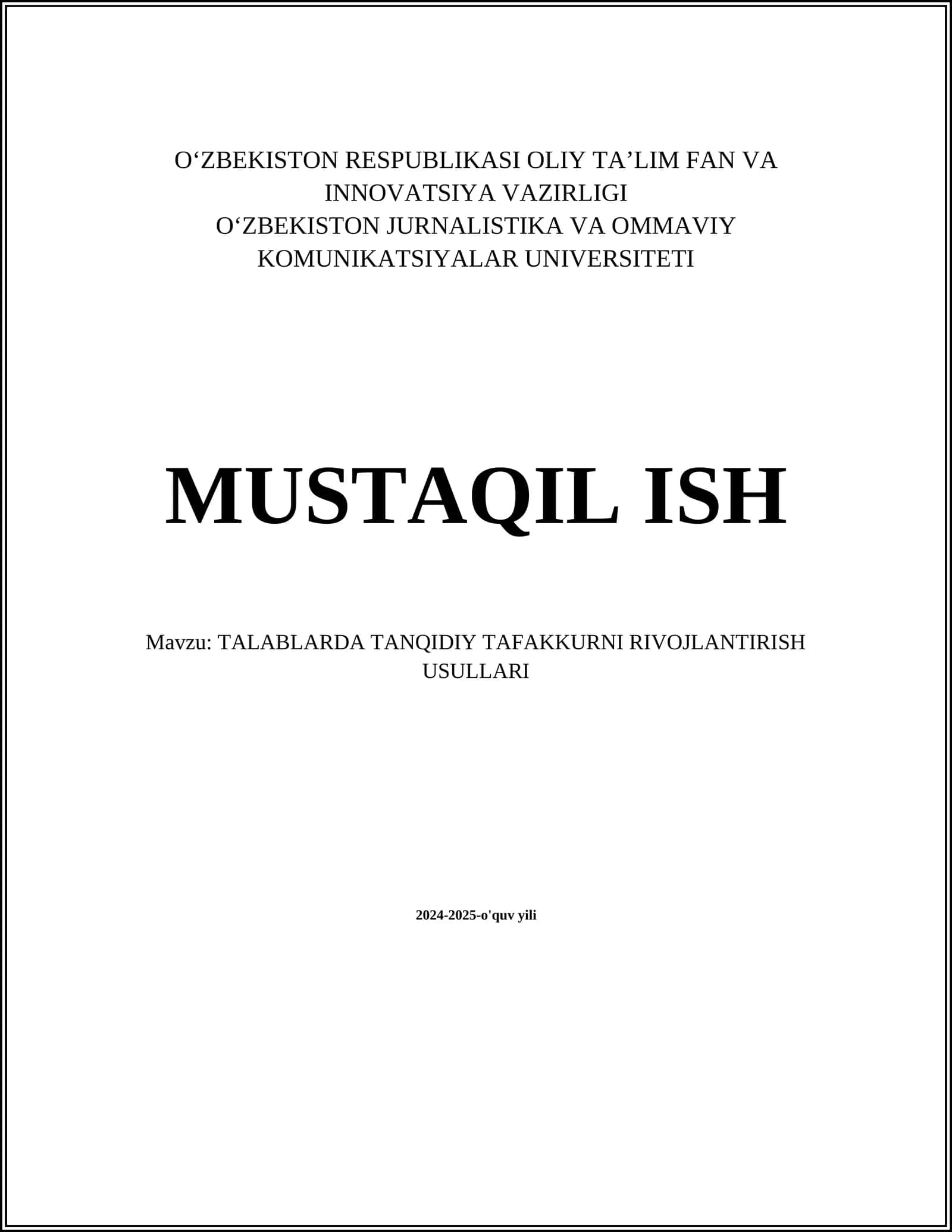 TALABLARDA TANQIDIY TAFAKKURNI RIVOJLANTIRISH USULLARI