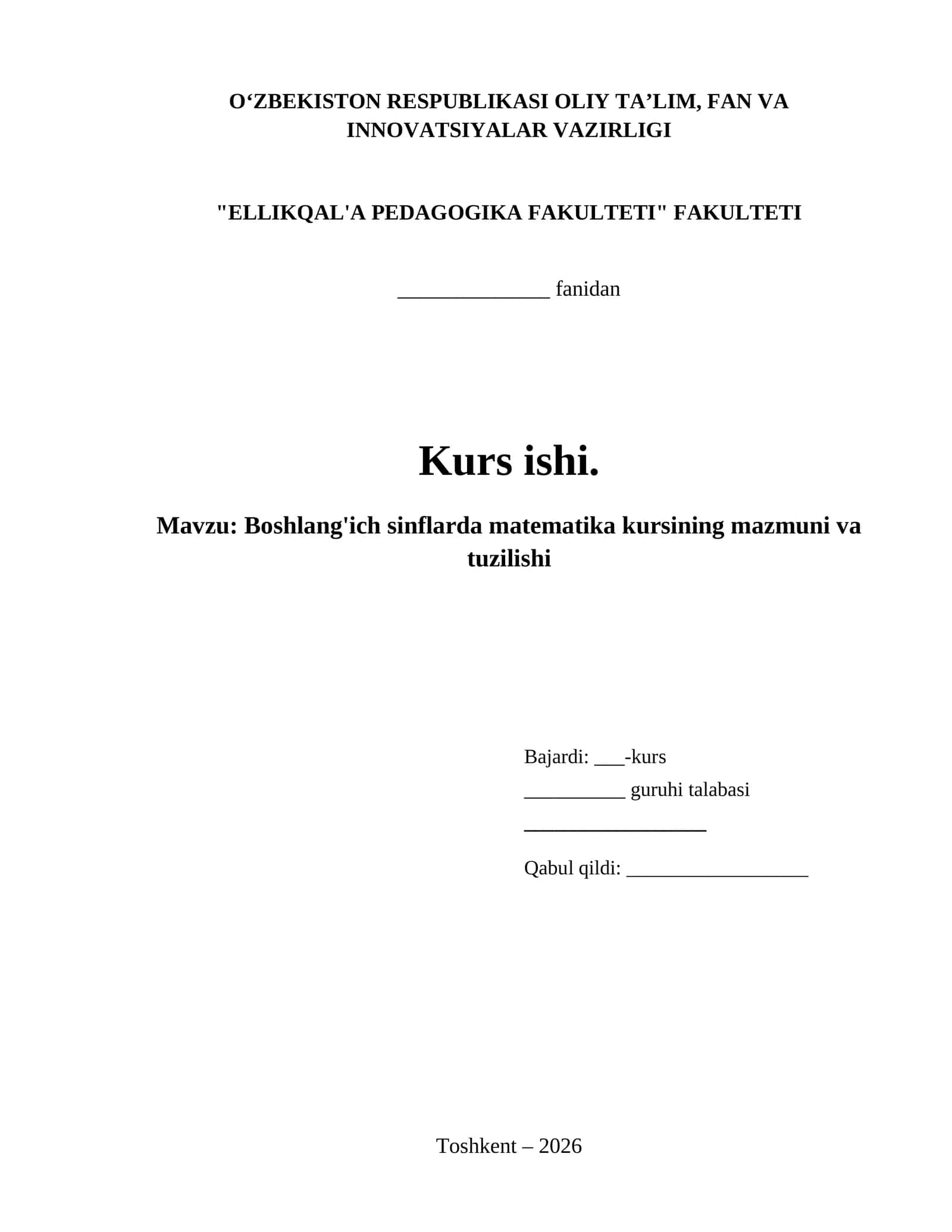 Boshlang'ich sinflarda matematika kursining mazmuni va tuzilishi