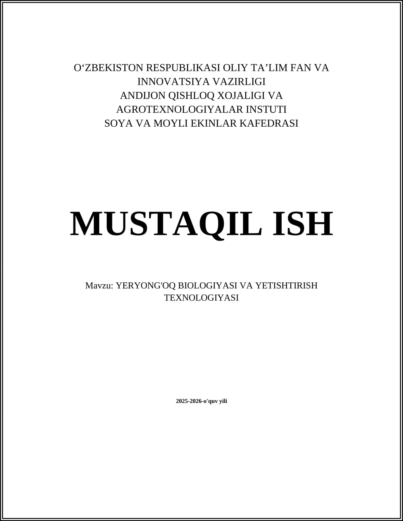 YERYONG'OQ BIOLOGIYASI VA YETISHTIRISH TEXNOLOGIYASI
