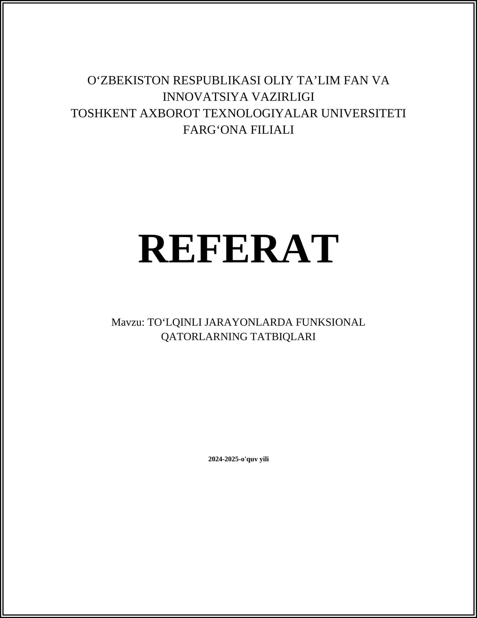 TOʻLQINLI JARAYONLARDA FUNKSIONAL QATORLARNING TATBIQLARI